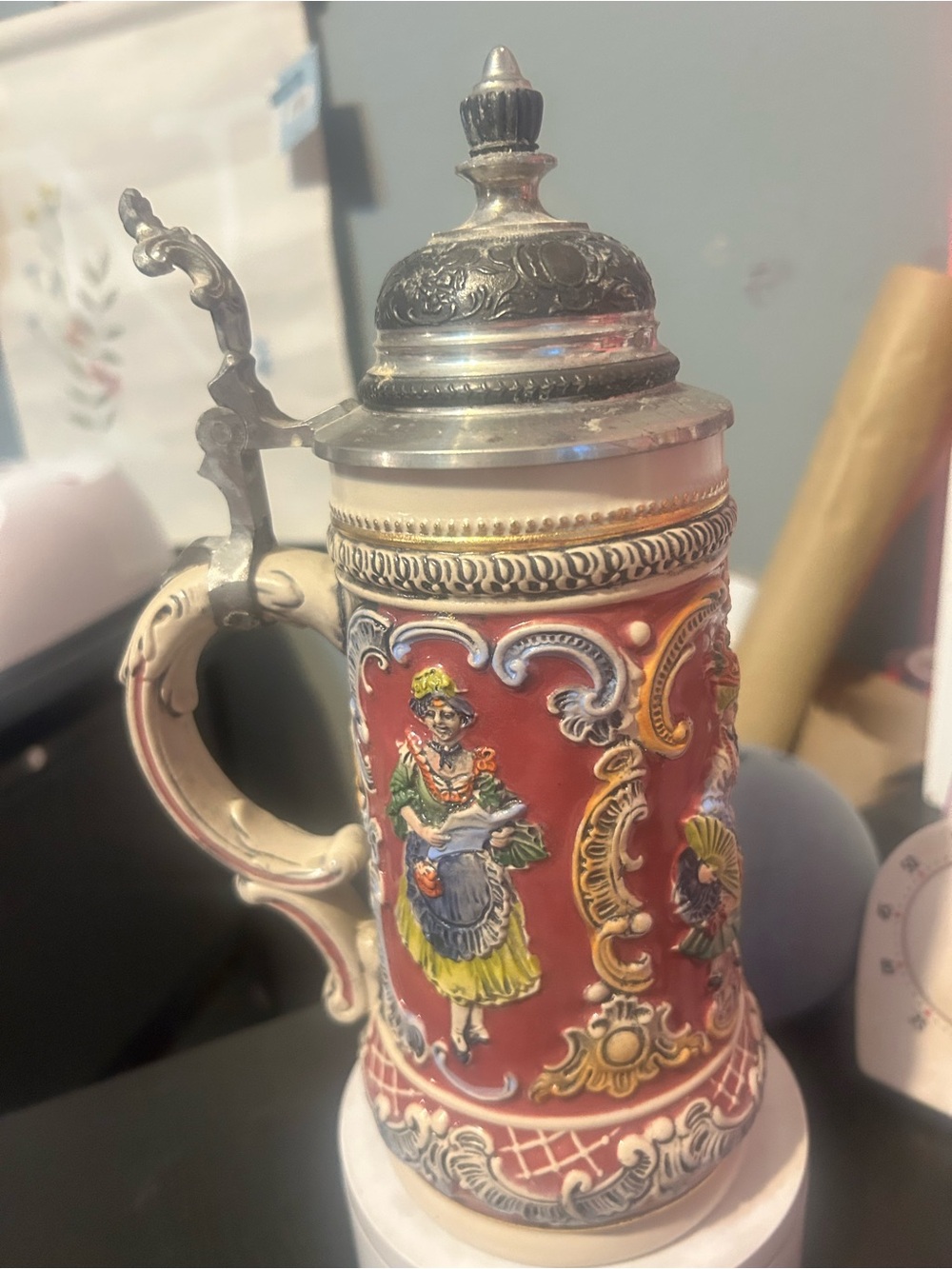 Vintage German Handarbeit Beer Stein – Hand Painted Relief – Pewter Lid